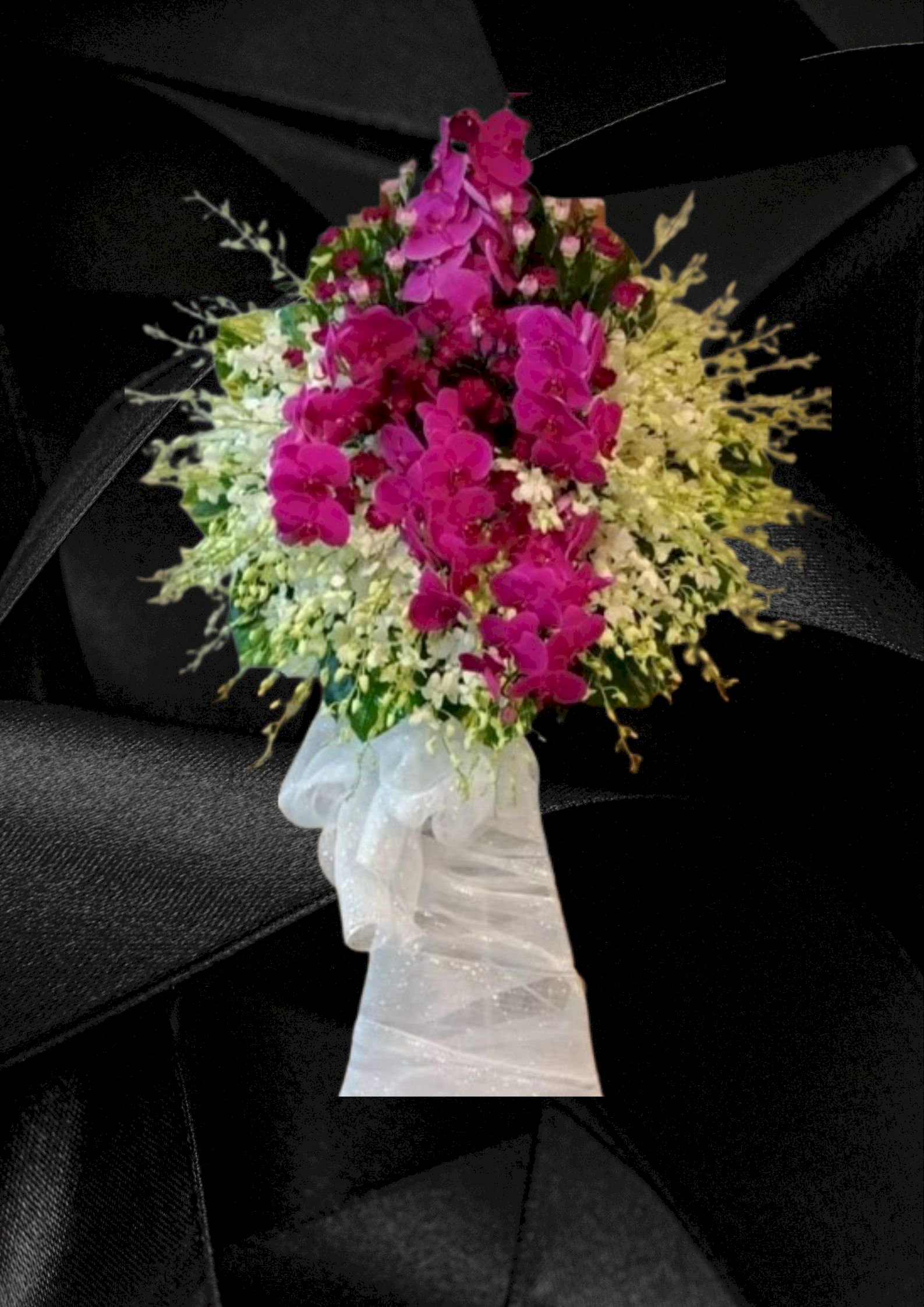 Lẵng hoa lan trắng và lan hồ điệp tím viếng đám tang - LDNK26