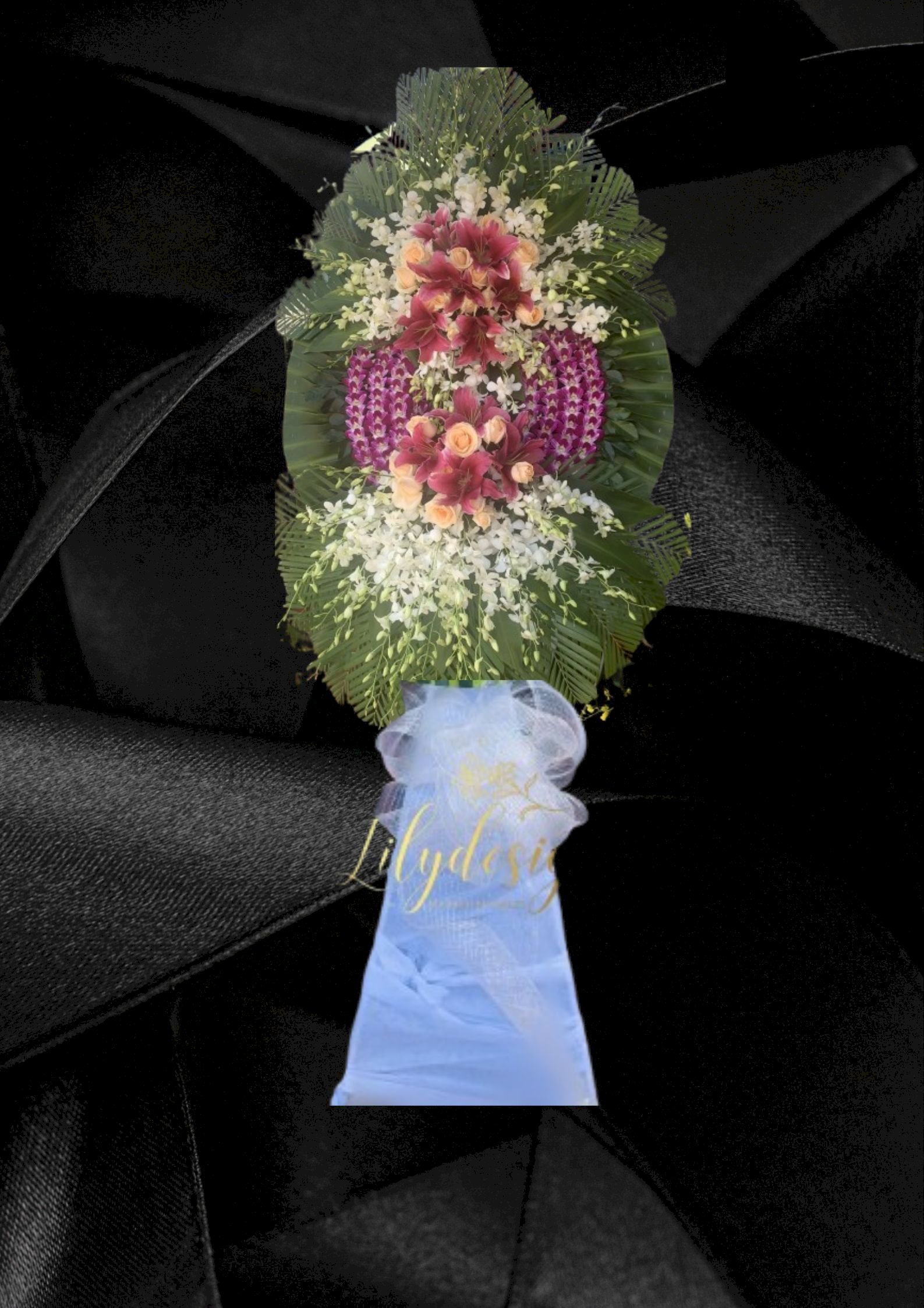 Lẵng hoa, vòng hoa chia buồn màu trắng tím - LDNK32