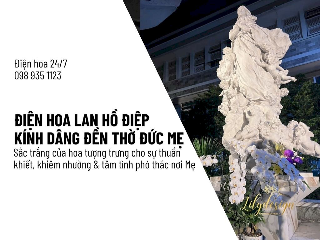 Điện hoa chậu lan hồ điệp trắng kính dâng đền thờ Đức Mẹ, nhà thờ Công giáo tại TPHCM